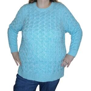 Lands End Drifter Size 2X Women's Plus Blue Cream Cable Knit Fisherman Sweater